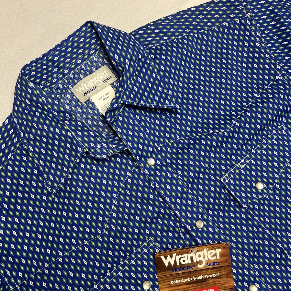 Wrangler Wrancher Pearl Snap Short Sleeve Shirt Medium Blue Diamonds